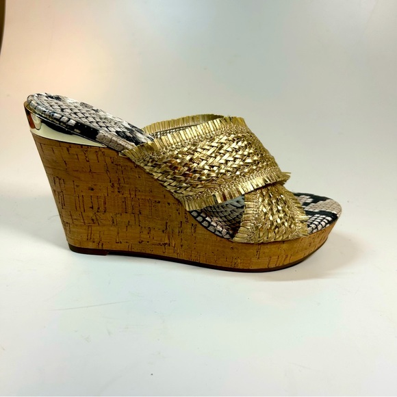 Guess Shoes - GUESS open toe gold weave cork wedge sandals, snake print insoles. Size 7M